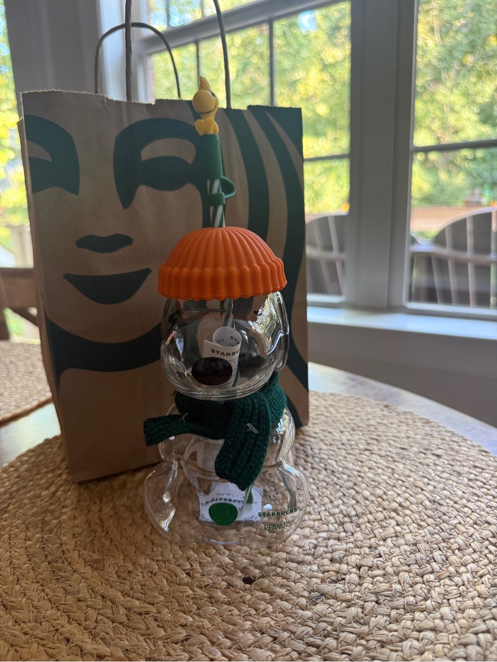 Starbucks Snoopy glass tumbler with orange hat and green scarf #snoopy #peanuts
